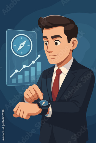 Businessman using smartwatch with compass for financial direction. Virtual screen shows stock market growth chart. Concept of investment strategy, business guidance and success.