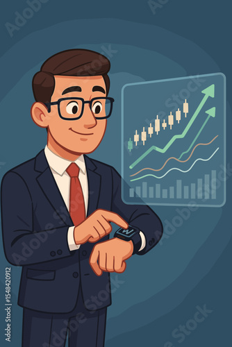 Businessman investor checking stock market on smartwatch with holographic virtual screen. Financial graph analysis showing growth. Fintech trading and investment technology concept.