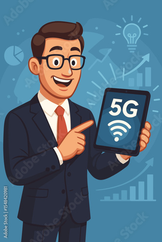 Businessman with tablet showcasing 5G technology for business growth. Vector cartoon character presenting high-speed internet network for marketing strategy, success and innovation.
