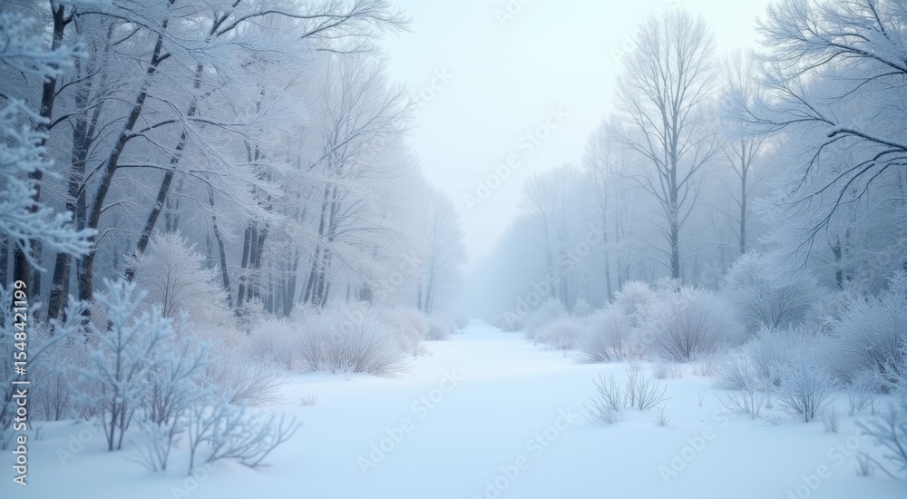 Obraz premium Snowy trees line a path through a snowy forest