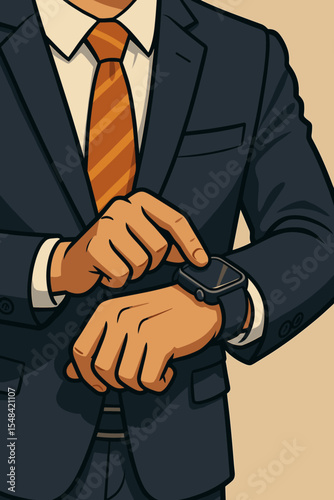 Businessman in a formal suit using a smartwatch on his wrist. Concept of modern life, technology integration, time management, and corporate efficiency. Vector cartoon illustration.