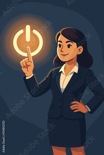 Businesswoman pressing a glowing power on button. Concept of female leadership, empowerment, initiative, and starting a business. Metaphor for technology, innovation, success.