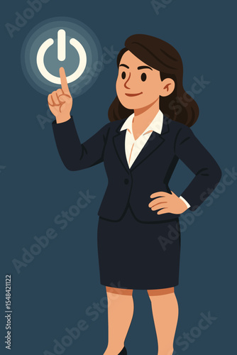 Confident businesswoman pressing a glowing virtual power button. Concept of leadership, empowerment, and success. Female manager activating a start icon. Metaphor for initiative.