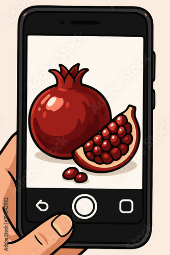 Hand holding smartphone taking photo of pomegranate fruit. Mobile food photography concept. Juicy red pomegranate with seeds on screen. Vector cartoon illustration for blog or social media.