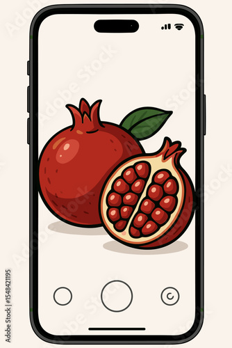 Smartphone camera taking photo of pomegranate fruit. Vector concept for mobile food photography, blogging, recipe apps, and healthy eating. Cartoon fresh fruit on phone screen.