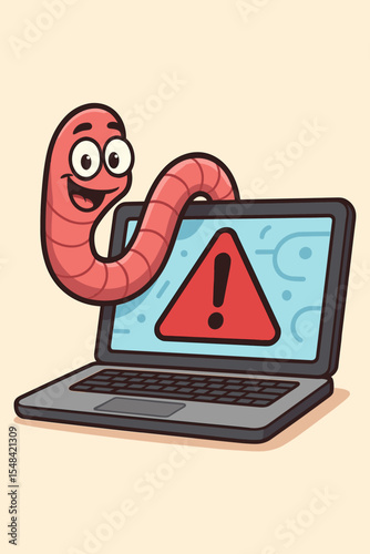 Cartoon computer worm virus character crawling out of a laptop screen. Malware, bug, or trojan concept. Cybersecurity threat, system error, and data risk alert vector illustration.