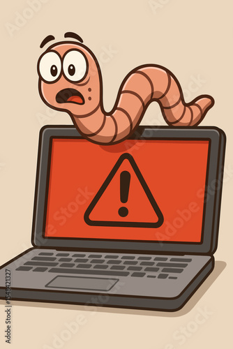Scared cartoon worm character on a laptop showing a red screen error message. Computer virus, malware, or trojan concept. Cybersecurity alert, system failure, bug warning vector.