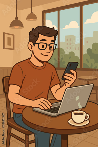 Casual man working on laptop and smartphone in a cafe. Digital nomad, freelancer, or student lifestyle. Remote work, online education, and multitasking concept. Vector illustration.