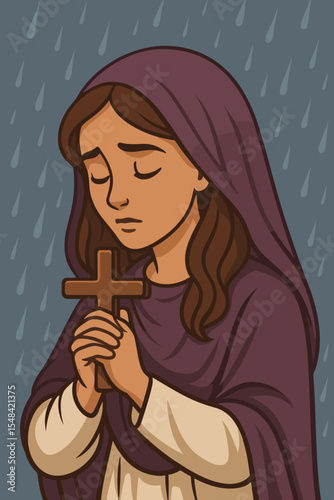 Christian woman praying with a cross, expressing sadness and grief. Religious concept for Lent, Easter, and Good Friday. Vector illustration of faith, devotion, belief, and hope.