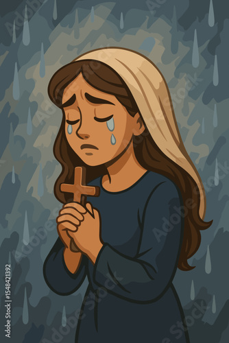 Sad Christian woman praying with a cross, crying tears of sorrow and repentance. Concept of religious faith, devotion, hope, and forgiveness from God. Spiritual hardship vector.