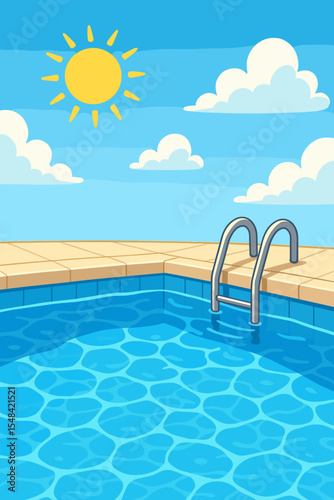 Cartoon swimming pool on a sunny day background. Clear blue water with a ladder for summer vacation and relaxation. Outdoor poolside scene with sun and clouds. Vector illustration for travel.