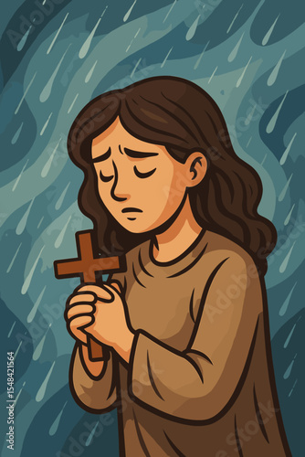 Christian woman praying with a wooden cross, seeking hope, forgiveness, and salvation. Vector concept of faith, devotion, religion, and spirituality. Sad person in the rain.
