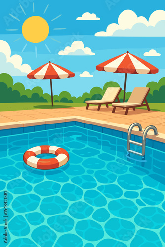Swimming pool on a sunny summer day cartoon vector illustration. Background for vacation, holiday and travel concepts. Relaxing poolside scene with lounge chairs, umbrella and clear blue water.
