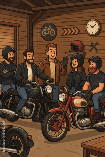 Group of biker friends gathering at a motorcycle club meet-up. Men and woman with classic vintage motorbikes in a garage. Motorcycling hobby and lifestyle concept. Vector cartoon.