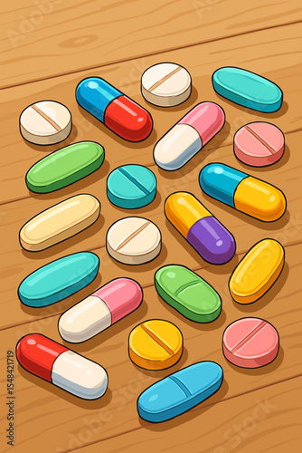 Colorful assortment of prescription pills, capsules, and medical tablets. Vector cartoon illustration of various drugs, medication, vitamins for healthcare, pharmacy, and treatment.