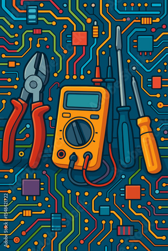 Electronic repair service concept with tools on a circuit board. Vector illustration of a multimeter, screwdrivers, and pliers on a colorful PCB motherboard. Technology background.