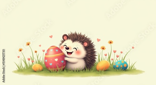 Hedgehog with easter egg in grass with flowers and hearts