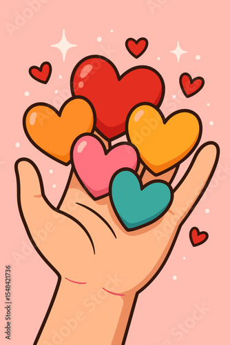 Hand holding colorful hearts. Concept of giving love, kindness, and support. Charity and donation metaphor. Valentine's Day card design. Wedding celebration. Cute cartoon vector.