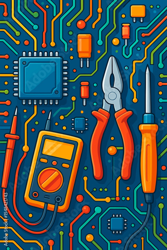 Vibrant circuit board with repair tools. Flat cartoon vector of multimeter, screwdriver, and pliers for electronic diagnostics. Tech support, maintenance, and engineering concept.