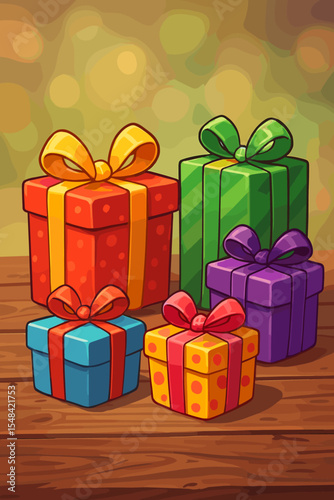 Festive cartoon gift boxes with colorful wrapping paper and ribbons on a rustic wooden table. Vector illustration of presents for a birthday, Christmas, or holiday celebration.