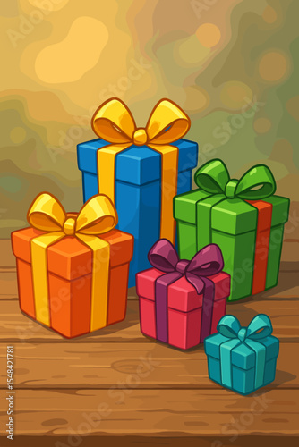 Colorful gift boxes with ribbons on a rustic wood surface. Cartoon vector illustration of presents for birthday, Christmas, or holiday celebration. Surprise gifts with blurred background.