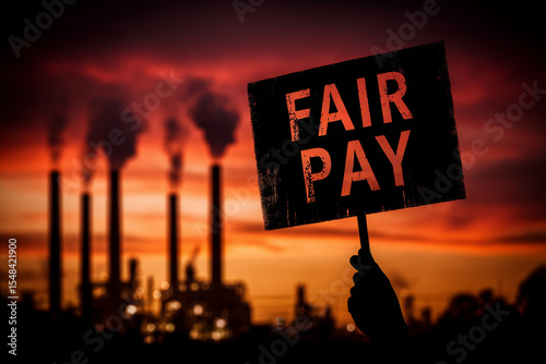 Fair pay protest sign at sunset with factory chimneys