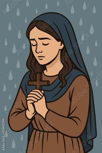 Devout Christian woman praying with a wooden cross. Religious female character expressing sorrow and faith. Concept for Lent, Easter, Good Friday. Vector illustration of devotion.