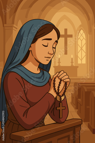 Christian woman prayer. Devout Catholic lady praying in church with rosary beads and a cross in her hands. Concept of faith, religion, worship, spirituality, hope, and devotion. Cartoon vector.