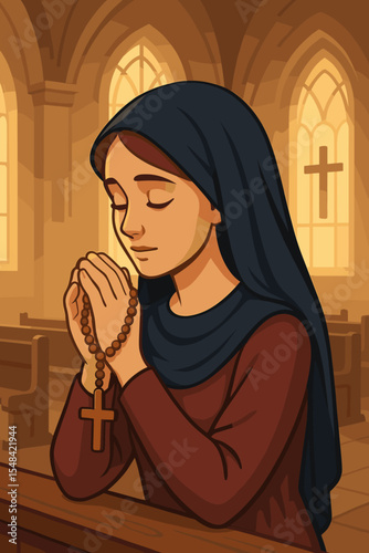 Devout woman praying with rosary beads and a cross in a Christian church. Concept of faith, hope, and worship. Catholic character in prayer. Spirituality and religion vector illustration.