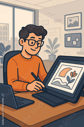 Digital artist man drawing on a graphic tablet with a pen. Creative designer character working in a modern office. Illustrator creating vector design on a computer. Freelance job concept.