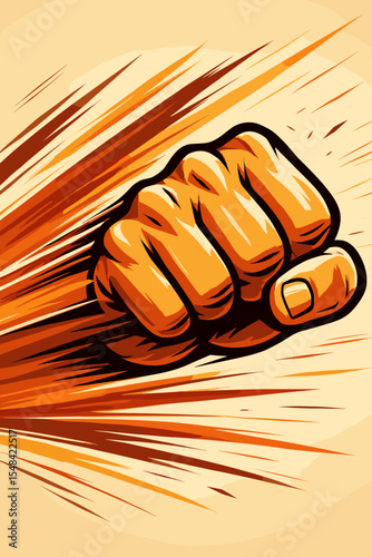 Dynamic fist punch with motion blur symbolizing speed and strength. Powerful comic style vector illustration for concepts of fight, power, impact, protest, and aggression.