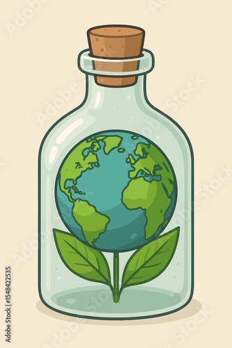 Earth globe growing as a plant in a glass bottle. Concept for environmental conservation, sustainability, ecology, and Earth Day. Fragile planet protection metaphor. Vector cartoon art.