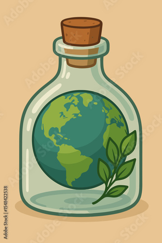 Earth globe in glass bottle, a metaphor for fragility and environmental conservation. Concept for sustainability, ecology, climate change, and protecting nature. Vector illustration.