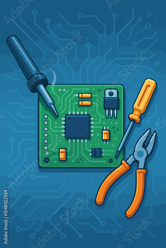 Tech maintenance and hardware repair concept. Vector illustration of an electronic printed circuit board or motherboard with microchip, soldering iron, screwdriver, and pliers tools.