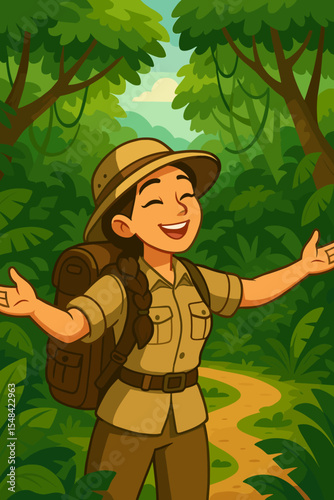 Happy female explorer with backpack hiking in a lush jungle. Woman embracing nature on a forest trek. Cartoon vector illustration of travel adventure, ecotourism and freedom.