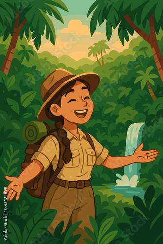 Happy female explorer on a jungle trek with a backpack. Smiling woman hiking in a tropical rainforest, embracing nature's beauty by a waterfall. Cartoon vector adventure illustration.