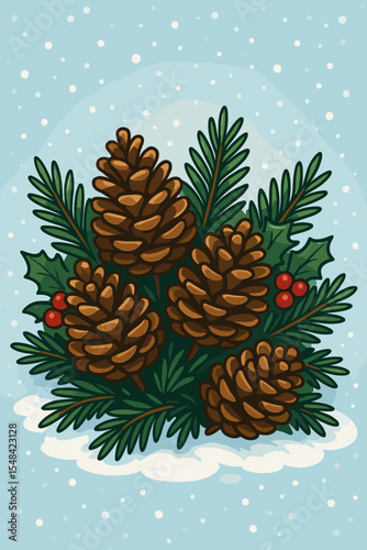 Festive pine cone arrangement with evergreen fir branches and holly berries. Winter holiday Christmas decoration on snow. Snowy background. Vector cartoon graphic illustration.
