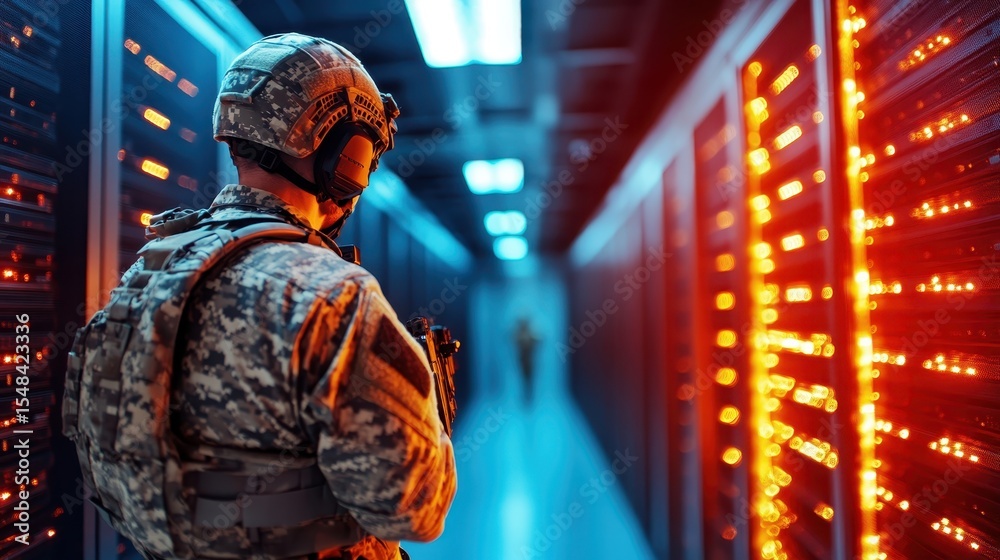 Obraz premium A soldier stands guard in a high-tech data center filled with servers, representing the intersection of security, technology, and military vigilance in a digital era.