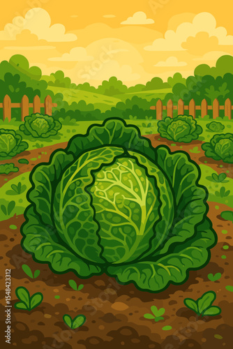 Cartoon vector illustration of a fresh organic savoy cabbage growing in a garden. Rural farm landscape with vegetable beds, promoting healthy eating and sustainable agriculture.