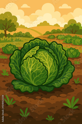 Organic savoy cabbage growing in a vegetable garden on a farm. Rural landscape with fields and hills. Concept of agriculture, healthy eating, sustainable farming, and harvest.
