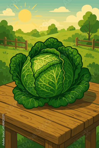 Fresh savoy cabbage on a rustic wooden table. Vector cartoon illustration of an organic vegetable harvest in a sunny farm landscape. Healthy food and agriculture concept.