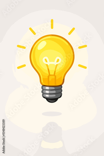 Glowing light bulb vector illustration. Concept of a big idea, innovation, creativity, and inspiration. Bright shining lamp as a symbol for a solution, knowledge, and energy. Cartoon.