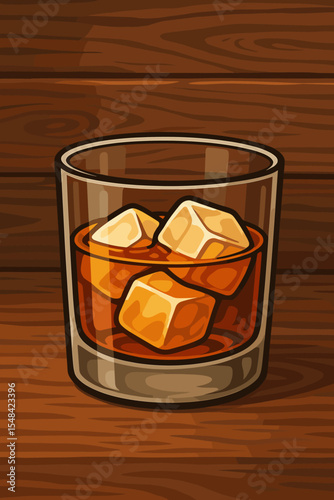 Glass of whiskey with ice cubes on a dark wooden background. Bourbon, scotch or brandy on the rocks in a tumbler glass. Vector cartoon illustration of an alcoholic beverage. Bar, pub menu concept.