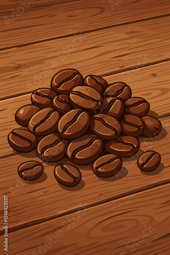 Roasted coffee beans heap on a rustic wooden table. Vector illustration of fresh aromatic arabica grains. Background for coffee shop menu, packaging design, or caffeine concept.