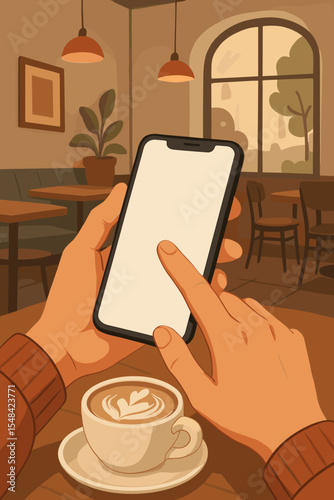 Hands holding smartphone with blank mockup screen in a cozy coffee shop. POV illustration of a person using a mobile device in a cafe with a cup of coffee. Modern lifestyle.