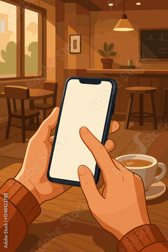 Hands holding smartphone with a blank screen mockup template in a cozy coffee shop. POV of a person using a mobile phone for social media. Modern lifestyle technology vector illustration.