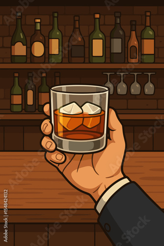 Businessman hand holding a glass of whiskey with ice, toasting at a bar counter. Man relaxing with an alcoholic drink in a pub. Vector cartoon illustration of bourbon on the rocks.