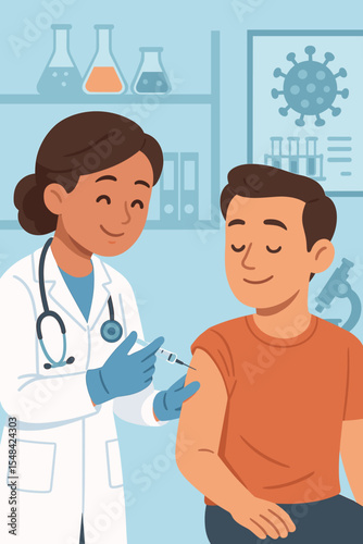 Female doctor giving vaccine injection to a male patient's arm. Nurse administering flu or covid-19 shot. Concept for vaccination, immunization, healthcare, disease prevention.