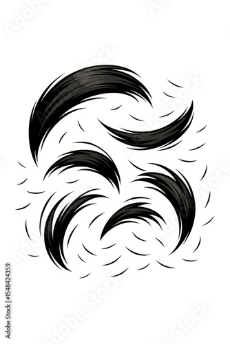 Minimalist composition of cut black hair strands and tufts. Abstract swirl pattern concept for salon, haircut, or barbershop. Vector cartoon illustration of flowing hair locks.
