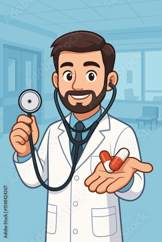 Friendly male doctor cartoon character holding a stethoscope and offering capsule pills. Physician in a hospital clinic background. Healthcare, medicine, and pharmacy concept vector.